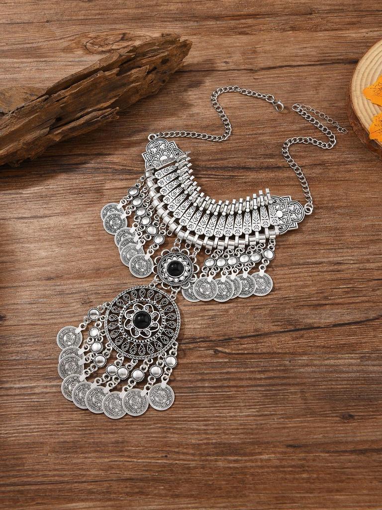 Classic Gold Silver Finish Coin Tassel Necklace With Geometric Pendant For Festival Wear