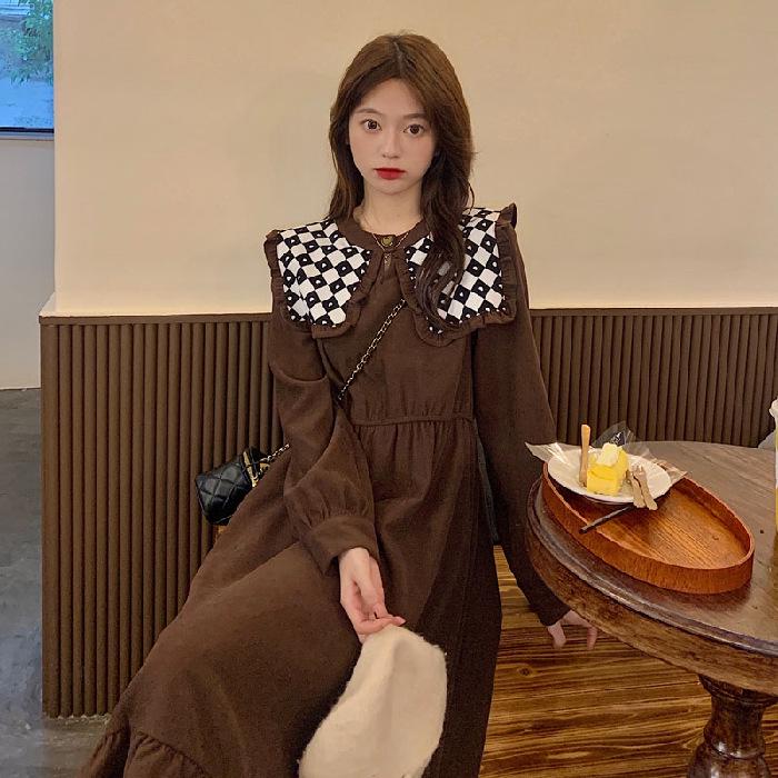 Women's Retro Hepburn Style Navy Collar A-Line Dress - Slim Fit for Autumn & Winter