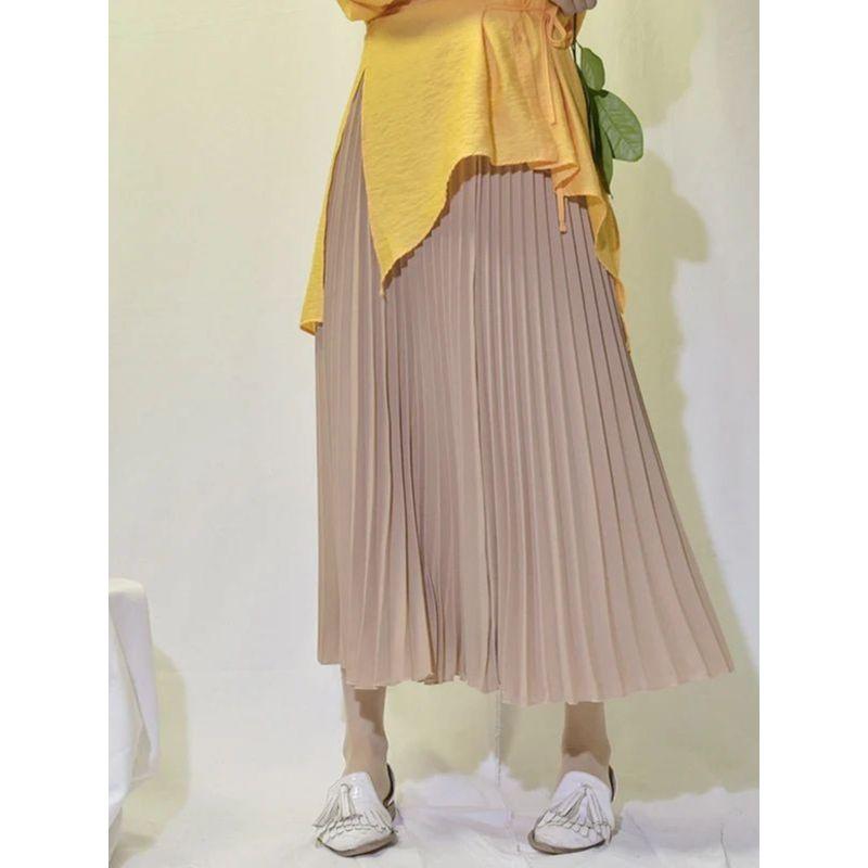 Pleated Skirt with Elastic Waistband Pleated High Waist Half-Length Female Elastic Waist Skirt