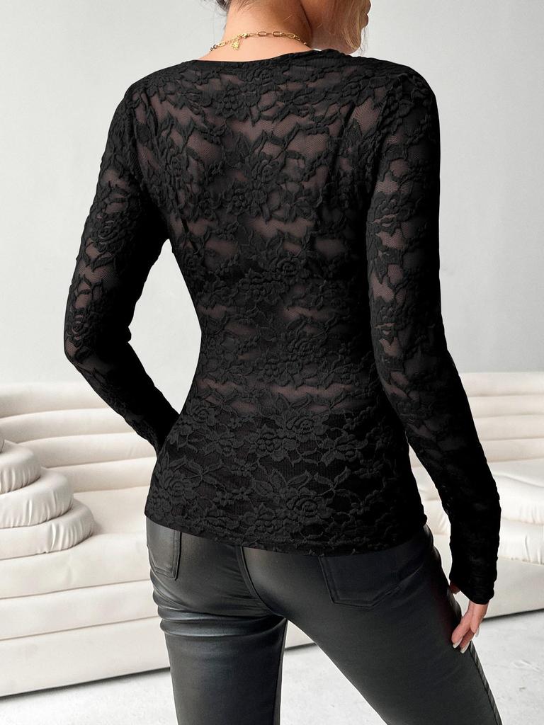 Elegant 2025 V-Neck Fan Collar Lace Pullover - Long Sleeve Slimming Top