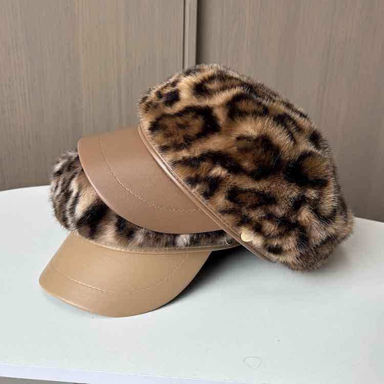 New retro leopard print plush newsboy hat women's autumn and winter big head circumference showing face small peaked hat warm octagonal hat