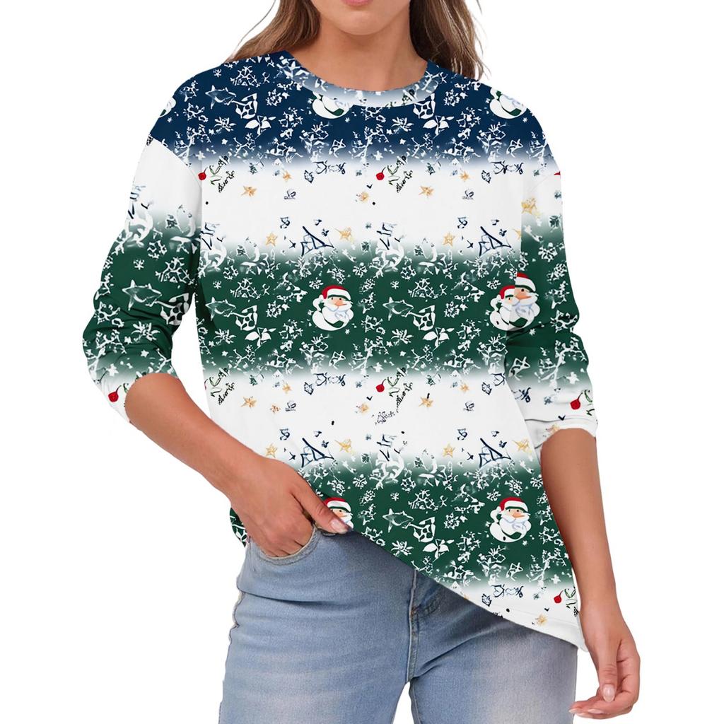 Damska Moda Casual Świąteczny Nadruk Okrągły Dekolt Jednolity Kolor Długi Rękaw Top