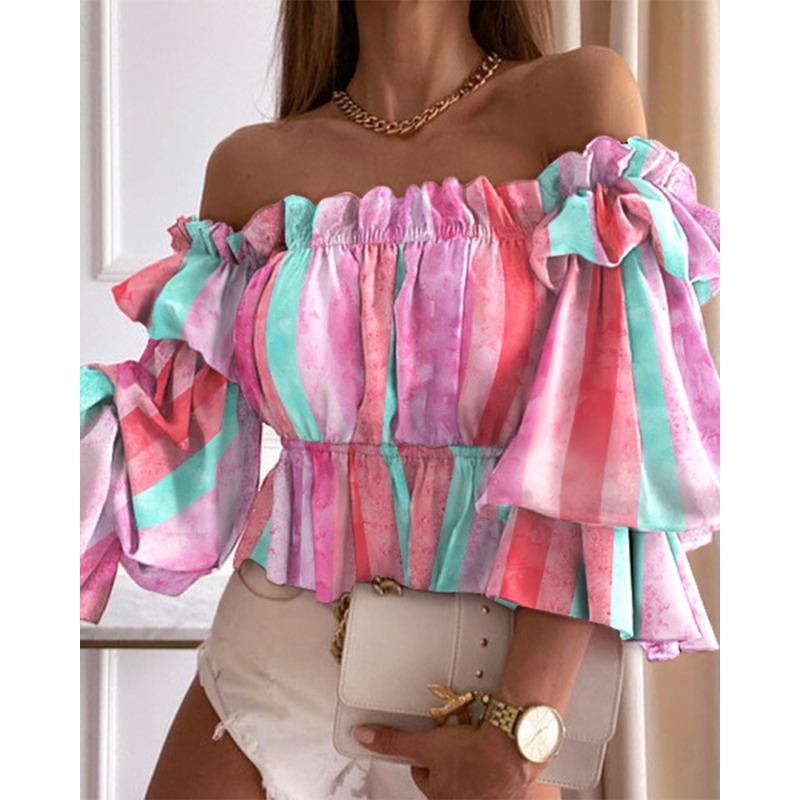 BFCCQB Women's Fashion One-shoulder Short Sleeve Casual Blouses & Shirts