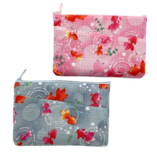 Kyoyu Made in Japan 100% Cotton Pouch with Pocket, Cosmetic/Accessory Case, Approx. 12.5×19cm, Women