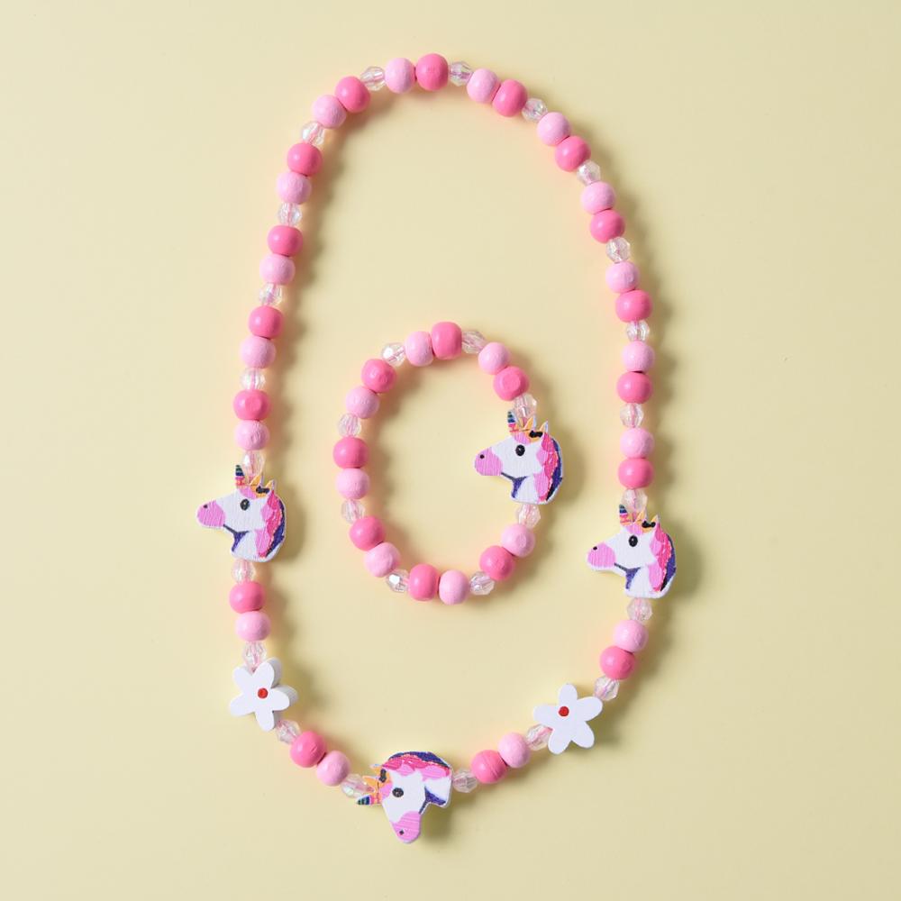 2pcs/Set Fashion Natural Wood Beads Jewelry Cute Animal Pattern Necklace Bracelet For Children Party Jewelry Girl Birthday Gift