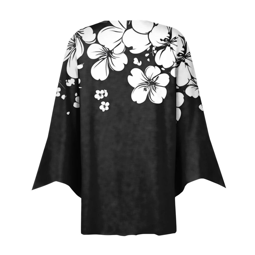 Women's Fashion Loose Casual Printed Seven-Part Sleeve Button Down Blouse Cardigan Top