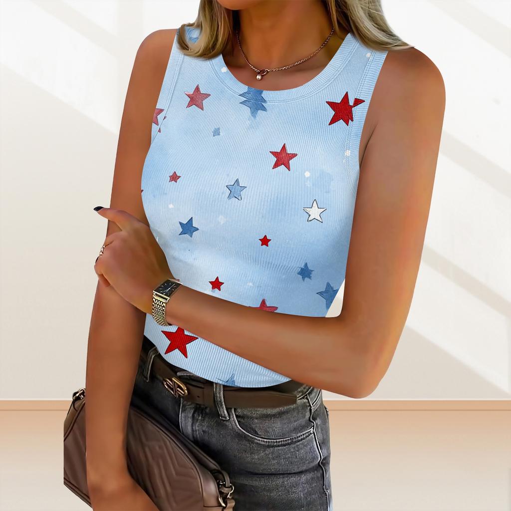 Women's Summer Fashionable Casual Independence Day Printed Round Neck Sleeveless Top Fitted Vest