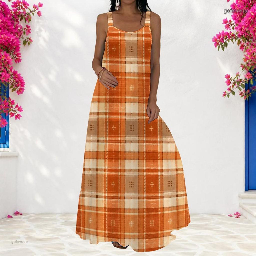 Women Plus Size Scoop Neck Strappy Sleeveless Geometric Printed A Line Maxi Dress