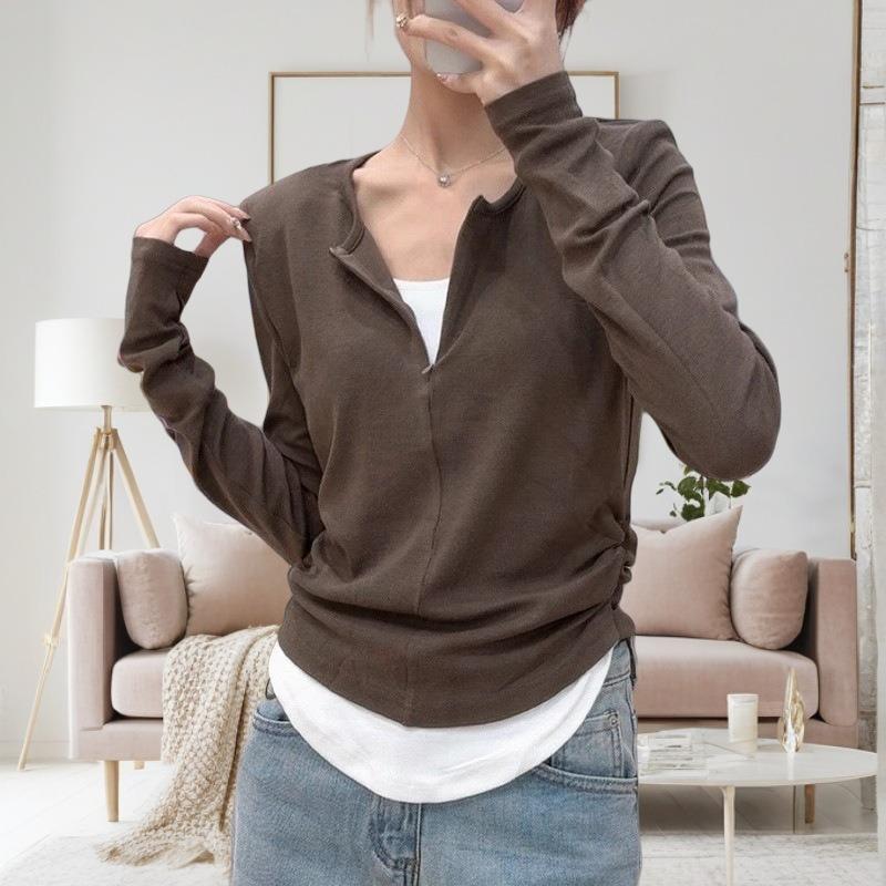 Burgundy Fake Two-piece Half-zipper T-shirt Women's Spring Waist Pleated Long-sleeved Top Design Bottoming Shirt