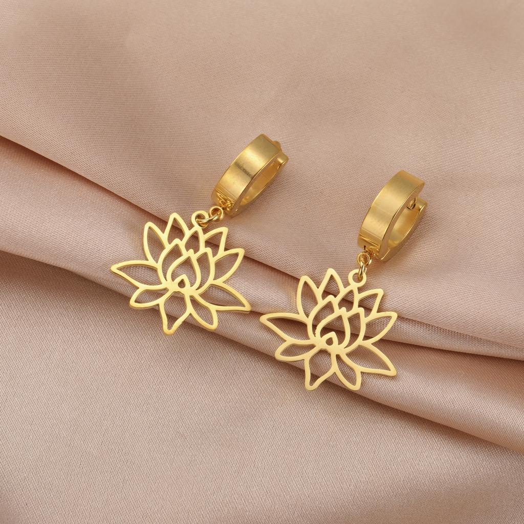 Teamer Elegant Lotus Flower Hollow Dangle Earrings Stainless Steel Amulet Yoga Buddhism Jewelry Birthday Gift for Women Girls