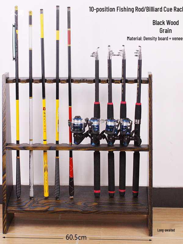 Wooden Floor-Standing Fishing Rod Display Rack with 10-Rod Capacity for Lure Rods, Hand Rods, and Billiard Cues.