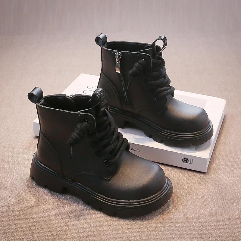 New Kid's Boot Black Khaki Causal Autumn Boots for Girls Round-toe Thick Bottom Children's Fashion Ankle Boots Non-slip Zipper