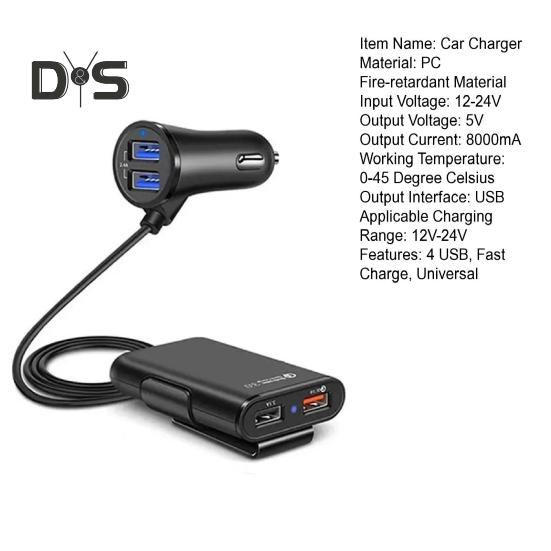 Car Charger QC3.0 3.1A 2.4A 4 USB 1.8M Cable Front Rear Seat Universal High Power 8A Fast Charge Automotive Charging Adapter Car Supplies