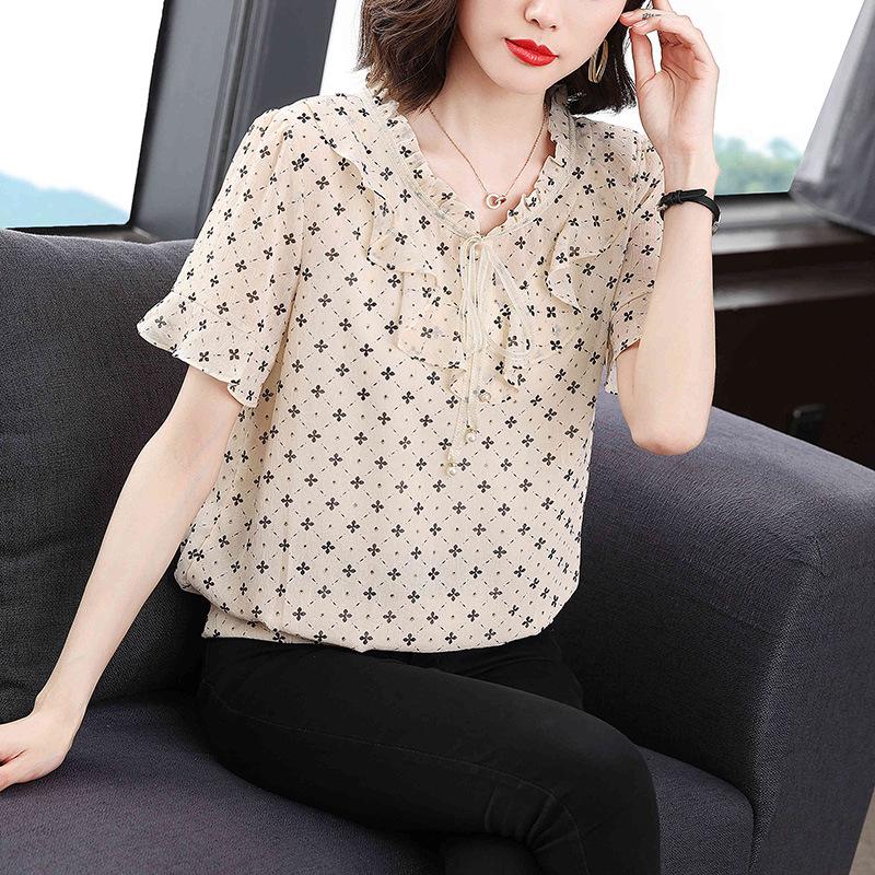 2023 Women's Plus Size Chiffon Blouse: Short Sleeve, Round Neck, Fashionable Printed Summer Top for Mom