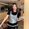 Contrast Stitch Bow Ribbon Suspender Mock Two-Piece T-Shirt with Ruffled Edges
