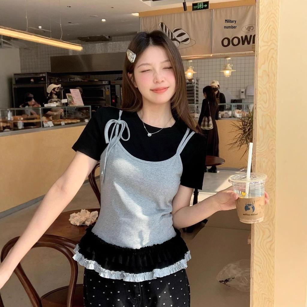Contrast Stitch Bow Ribbon Suspender Mock Two-Piece T-Shirt with Ruffled Edges