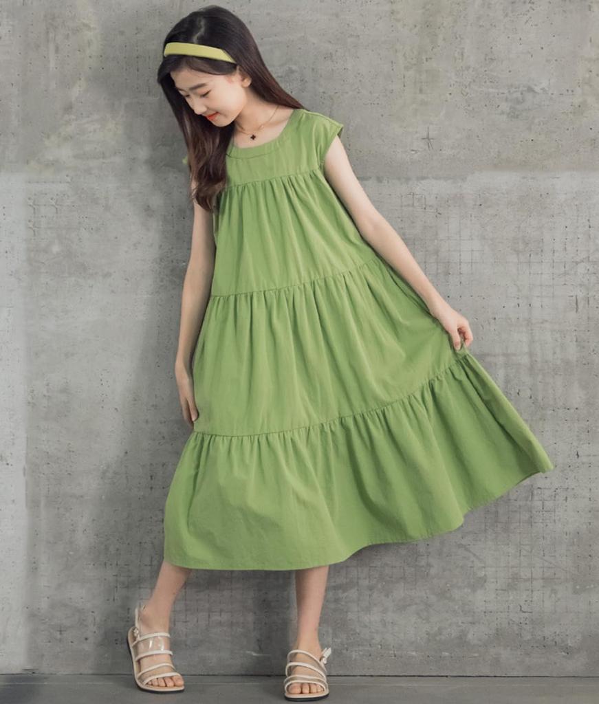 Yuwan Summer Sleeveless Long Maxi Dress with Tiered Summer Dress for Elementary School Stylish Korean Size 130 Kids' Dress, Dress, Girls' Skirt,