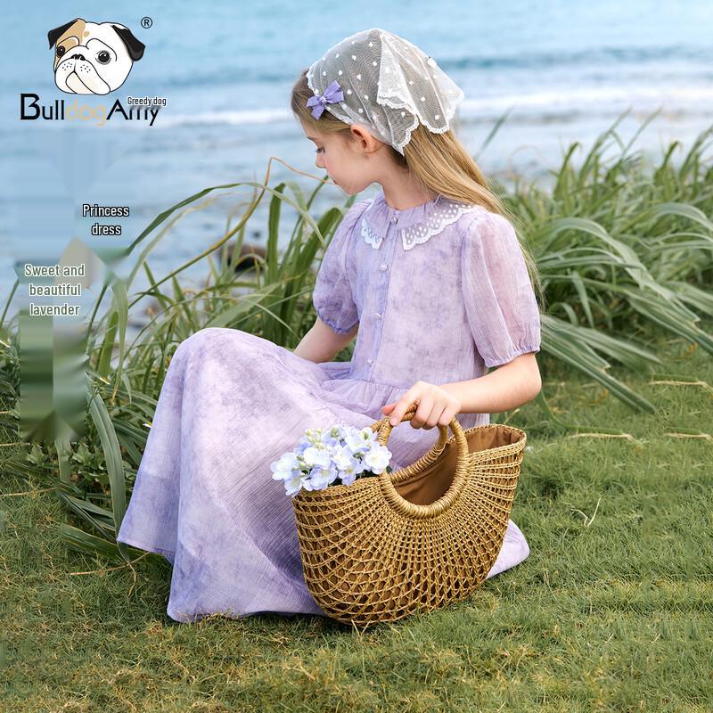 Chanzuigou Girls  French Lavender Retro Lapel Summer Dress 140 cm