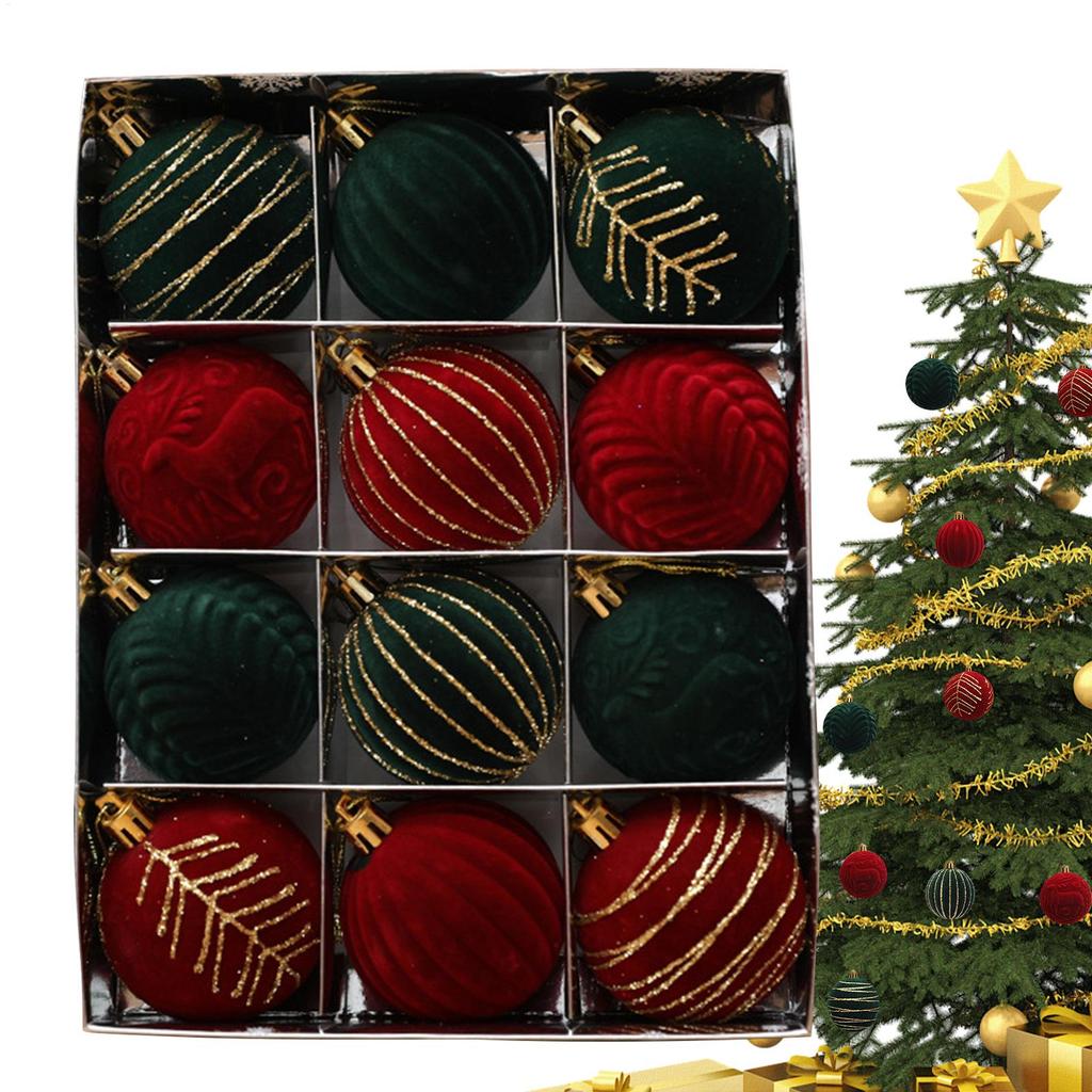 12pcs Wine Red Christmas Ball Ornaments Flocking Christmas Tree Party Decoration New Year Christmas Spheres Pendant Balls