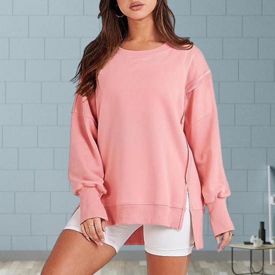 

Yousheng Женская осенне-весенняя толстовка с круглым вырезом, длинным рукавом, свободным коротким шрифтом, длинным разрезом сзади, однотонная повседневная мягкая теплая женская футболка, повседневный топ
