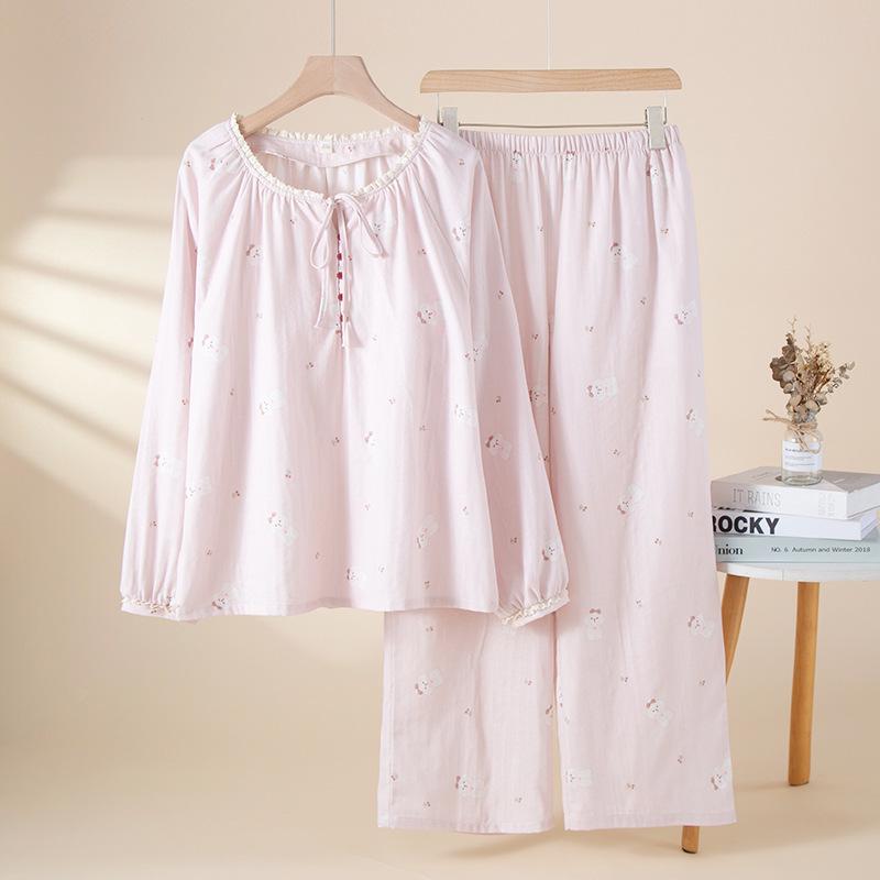 2026 Spring Pure Cotton Cartoon Pajama Set - Long Sleeve Pullover & Long Pants for Autumn Home Wear Large
