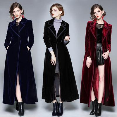 Damen Mantel Winter Frauen Vintage Kerbkragen Wickel Schwarzer Samt Maximantel Dicker Warmer Langer Trenchcoat Outwear