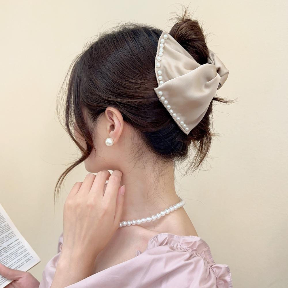 

Pearl Satin Gripped Clip Washable Big Bow Knot Hair Claw Fabric Shark Hair Clip Decorate Hair бежевый