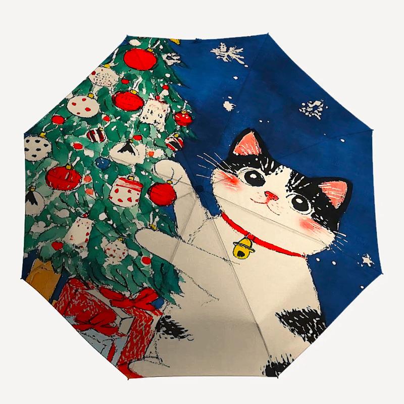 1pc Christmas Cat Automatic Folding Umbrella, Festive Gift for Fans, Travelers & Daily Use, Portable 3-Fold Design with Iron Frame.X049