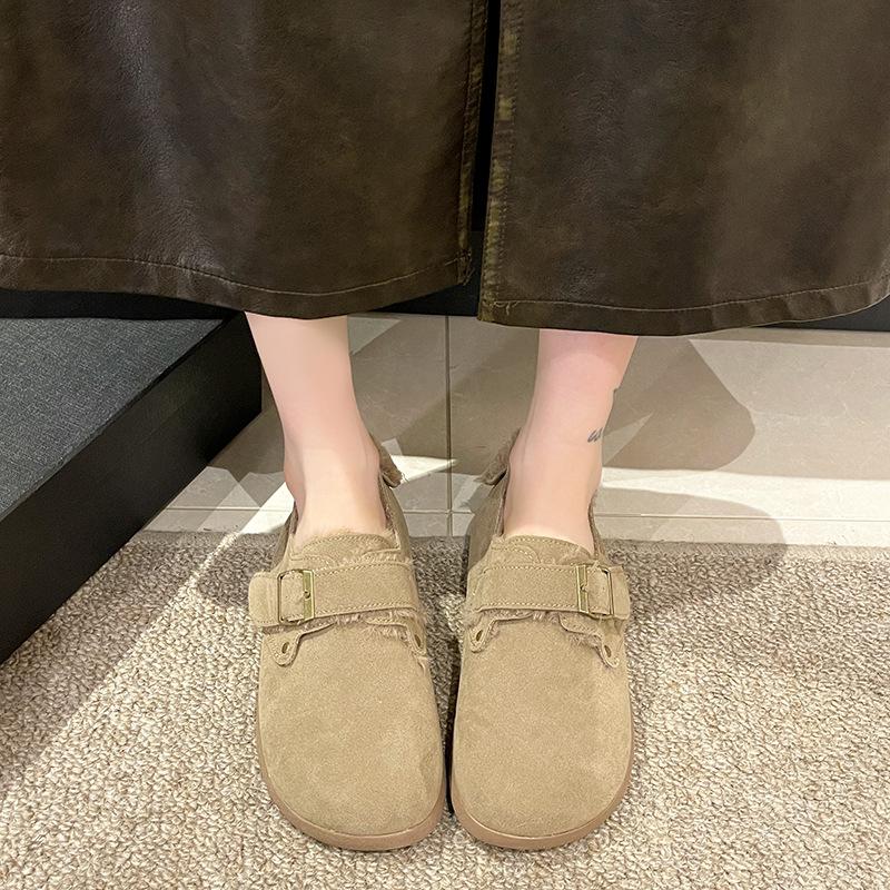 Boken shoes women's 2025 autumn and winter new one-pedal versatile Doudou shoes flat-soled ugly cute velvet thickened warm cotton shoes