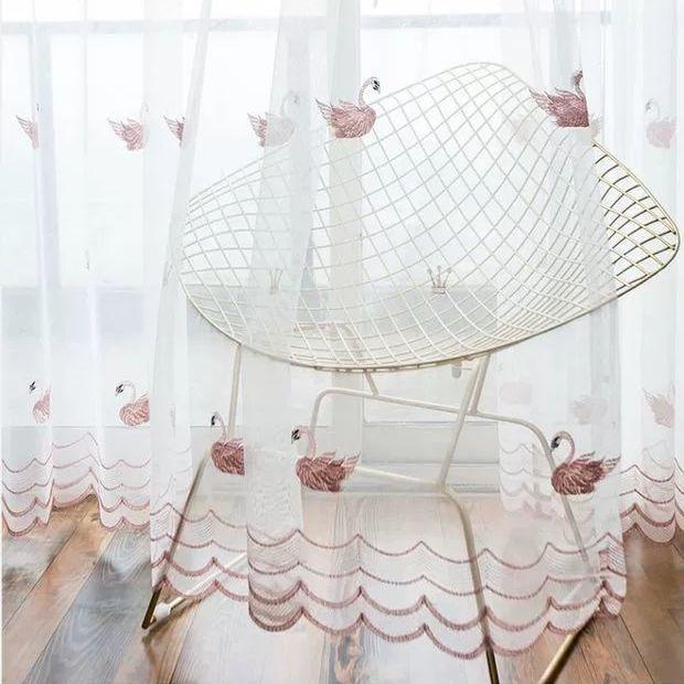 Korean Style Love Heart Embroidered Sheer Tulle Curtain for Living Room Bedroom, Cute Sweet White Transparent Window Voile Curtain for Home Decoration