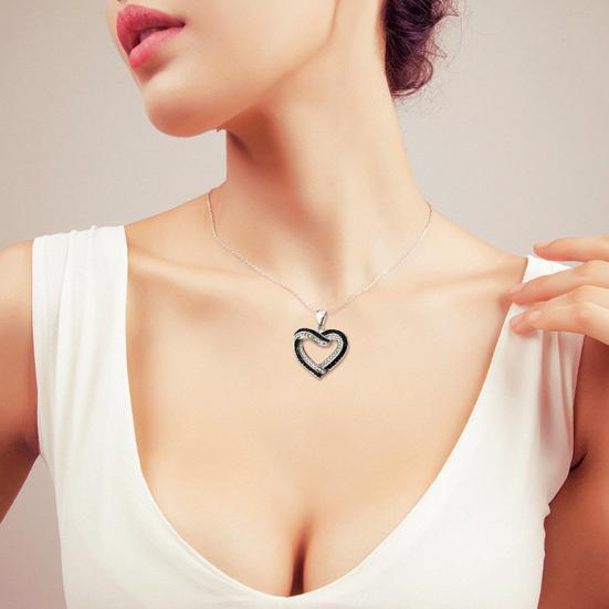 Overlapping Hearts Jewelry Set Black White Rhinestone Hearts Necklace And Earrings Double Heart Pendant