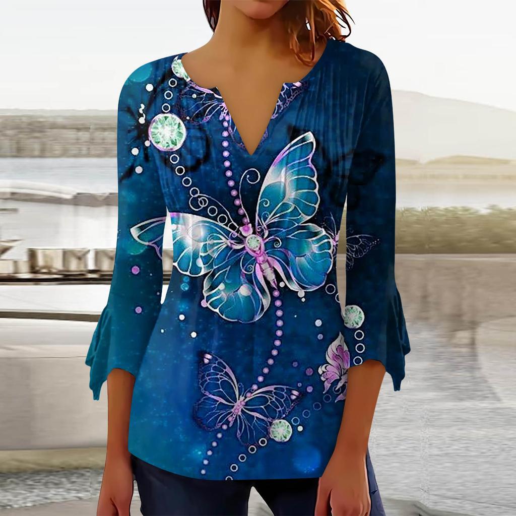 Summer Autumn A Line Slim Black White Floral T Shirt Women Loose Elegant 3/4 Sleeve Printed Tops Ladies Clothing