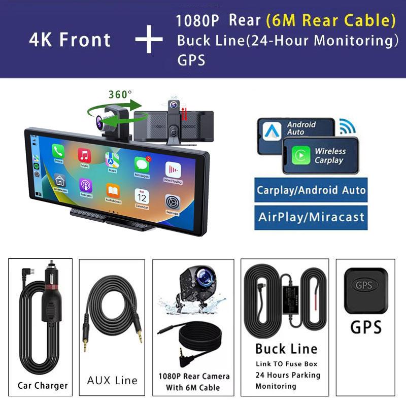 DVR de Coche de 10.26 Pulgadas 4K 3840*2160P Carplay Android-Auto Cámara de Salpicadero Cabina GPS 5G WIFI FM BT Cámara de Doble Lente Dashcam Grabación de Conducción