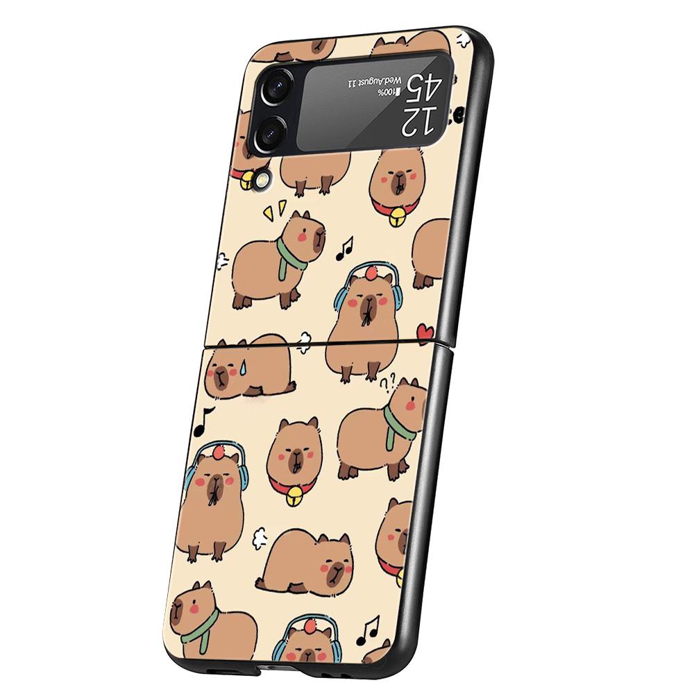 Cartoon Capybara Hard PC Phone Case For Samsung Galaxy Z Flip 5 4 3 Black Cover For Galaxy Z Flip 6 Foldable Shockproof Case Bag