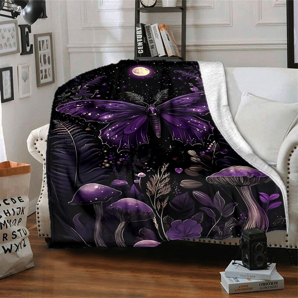 1pc Purple Moonlit Garden Blanket, Lightweight Flannel Throw Blanket for Sofa, Bed, Travel, Camping, Living Room, Office, Couch022