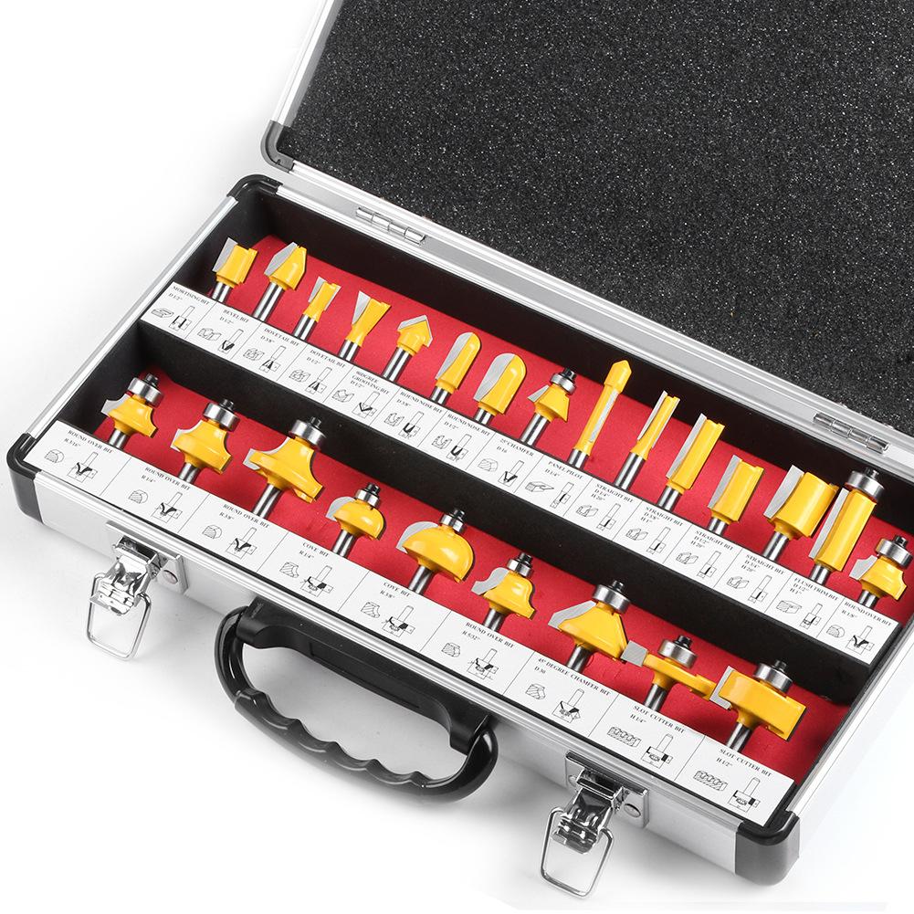 24-Piece Set 1/4 Handle Woodworking Milling Cutter 1/4 Handle Trimming Machine Engraving Machine Cutter Head Woodworking Tool Rounded Corner Slotting