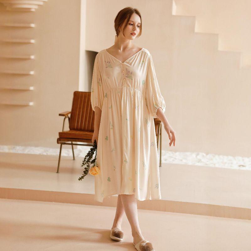 

Print Nightdress Women s Summer Plus Size Rayon Satin Mid Length Long Length Breathable Cotton Silk Puff Sleeves Pajamas Home Wear Skirt Beige 170(XL)