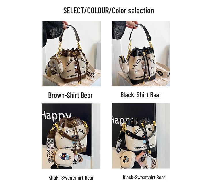 Katy Bear 2025 Women's Embroidered Cute Bear Drawstring Bucket Crossbody Bag