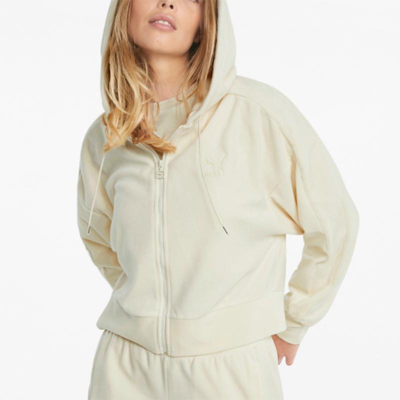 Puma Iconic Logo Embroidered Solid Color Sports Hoodie Women Jackets Ivory 532948-73