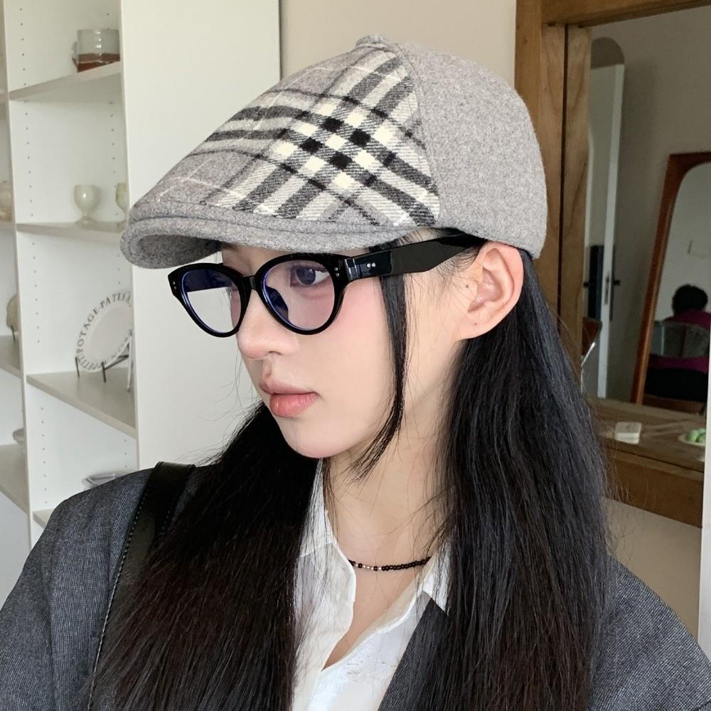 

Шерстяной берет в клетку, шляпа корейского художника, модная кепка с козырьком в клетку, уличная одежда Style 2