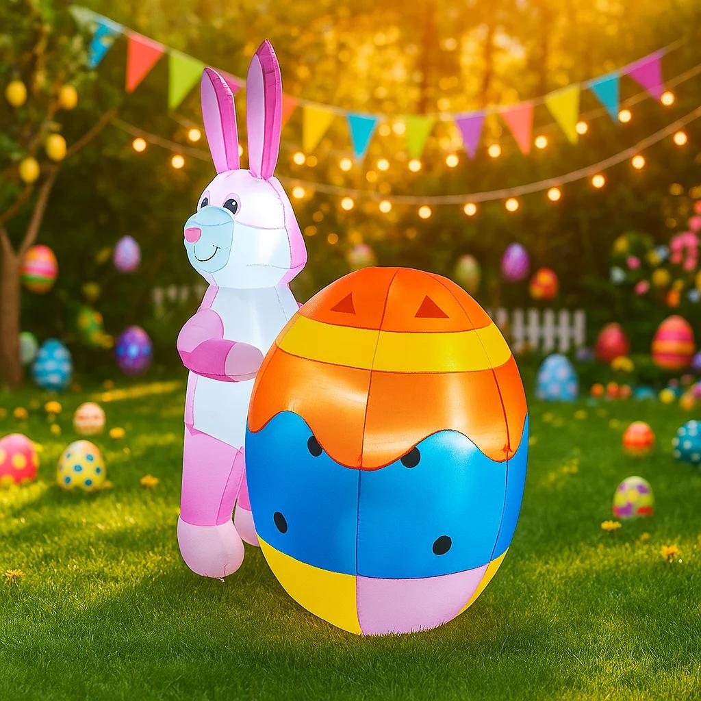 1.8M/5.9FT Inflatable Model Easter Holiday Festival Rabbit Support Easter Egg DIY Decoration Outdoor Garden Yard LED Light Decor