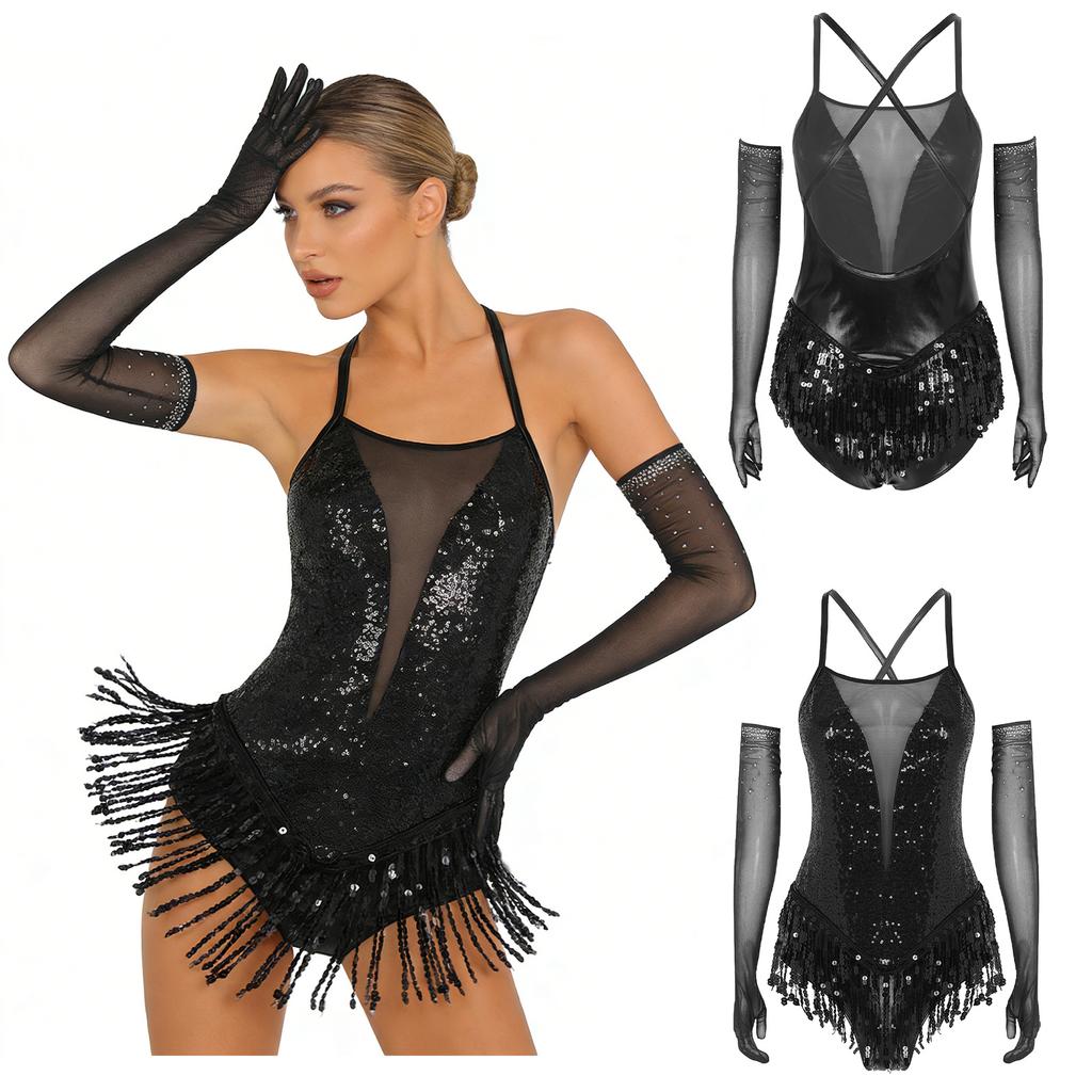 Ladies Latin Performance Leotard S-XXL Sequins Fringe Cross Back with 1 Pair Gloves for Tango Rumba Cha-Cha Samba Dance