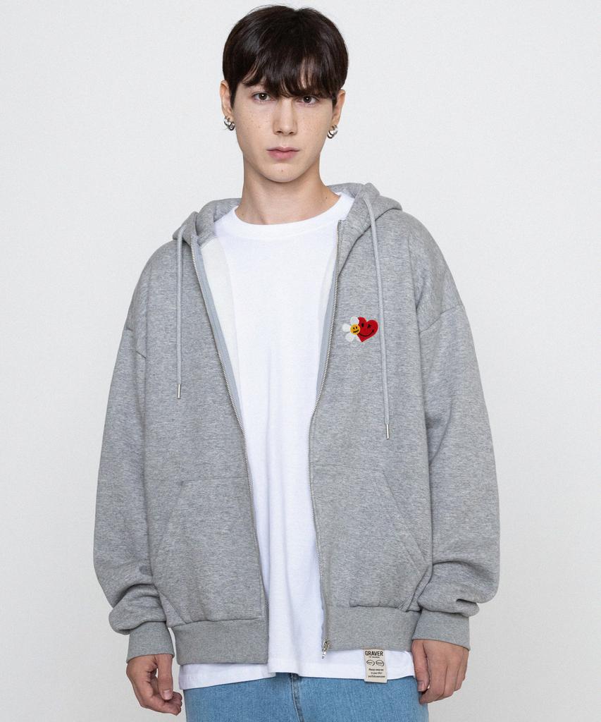 Graver [Unisex] Flower Heart Half Smile Embroidered Zip-Up Hoodie_Gray