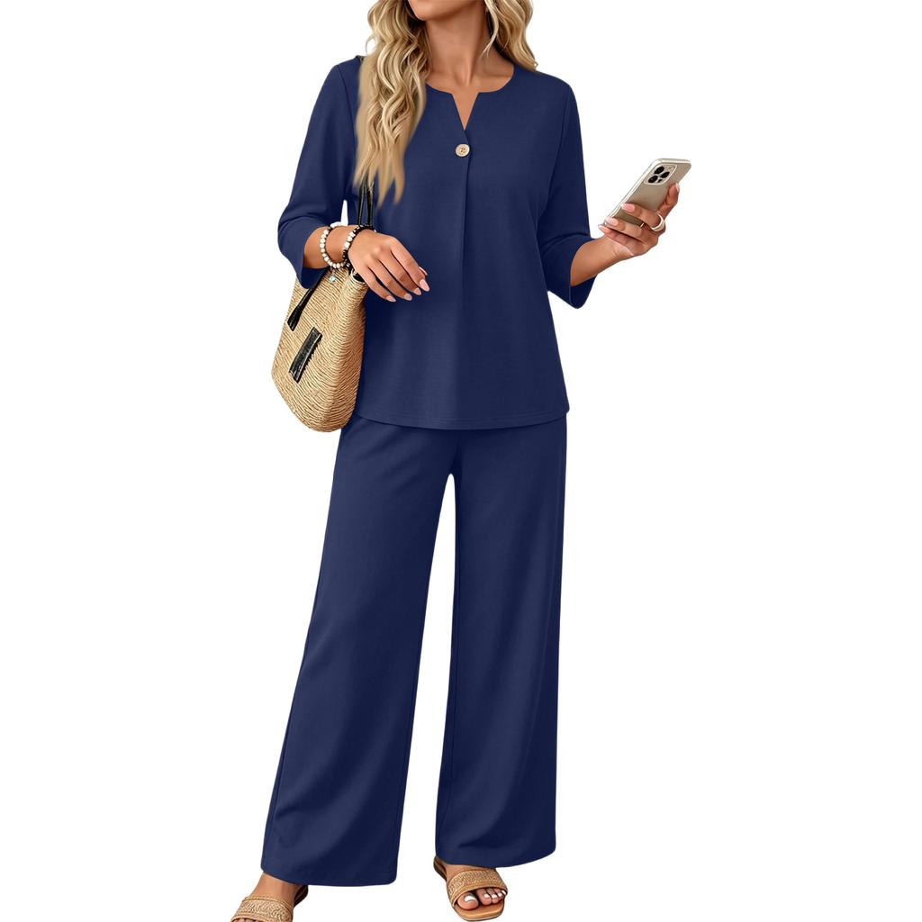 Women’s Casual Two Piece Outfit Seven Sleeve Button Top and Wide Leg Pants Set for Everyday Comfort and Relaxed Style