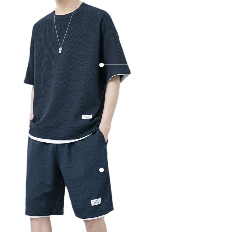 Men Waffle Summer Round Neck T-shirt Shorts Two-piece Men's Suit Comfortable Thin Fake Two-piece Short-sleeved Suit