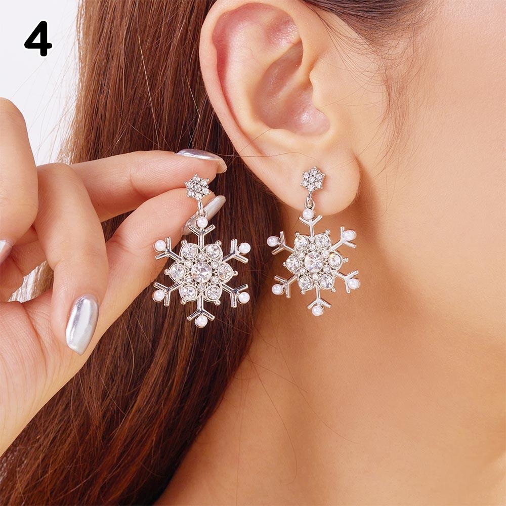 Crystal Zircon Pearl Christmas Stud Earrings Snowflake Long Tassel Earring  Party Accessories