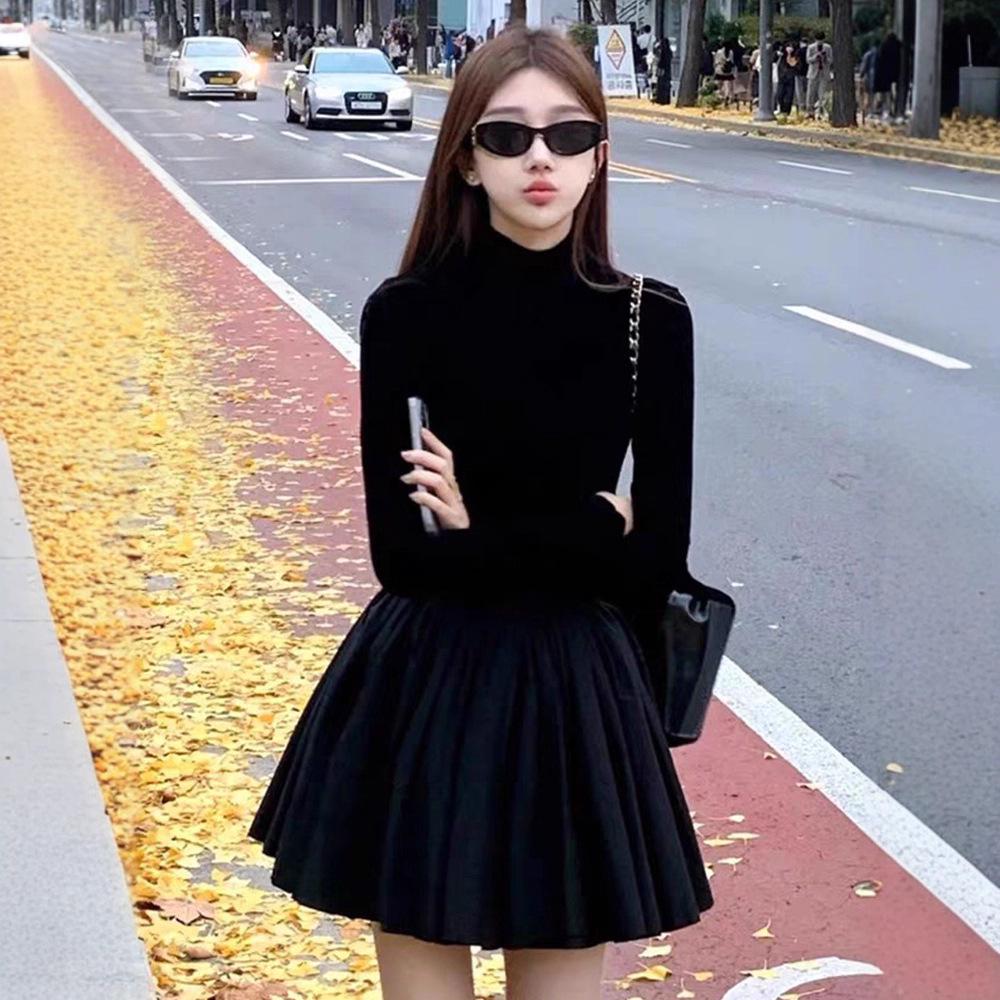 

Hepburn-Style Black Fluffy A-Line Dress: Elegant Autumn/Winter 2025 Slimming Short Skirt for Women XL