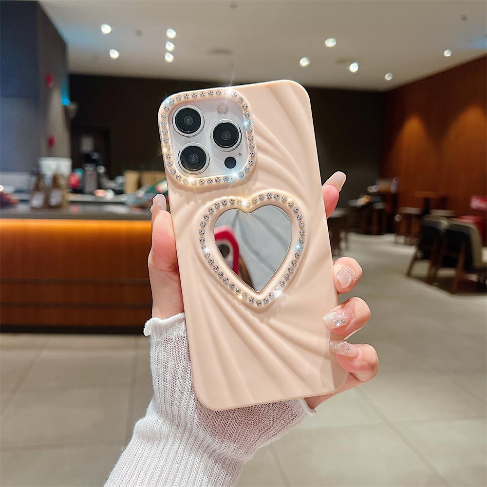 Fashion Women Girls Phone Case For iPhone 16E 16 Pro Max 7 8 X XR XS 11 12 13 14 15 Plus Heart Makeup Mirror Glitter Frame Cover