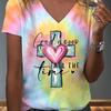 T-shirt da donna tie-dye con stampa a cuore incrociato "God Is Good All The Time", scollo a V, outfit di Pasqua, abbigliamento casual, lavabile in lavatrice, top