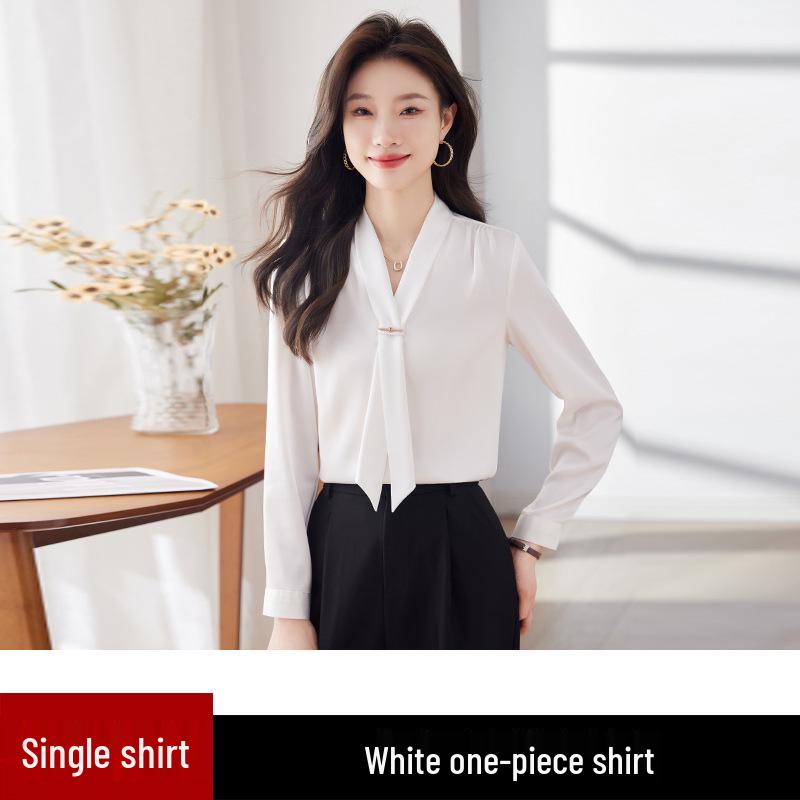 

Весна 2024 Женская блузка из струящегося атласа с воротником-стойкой и завязками - Свободный крой, Профессиональный OL-дизайн XXXL